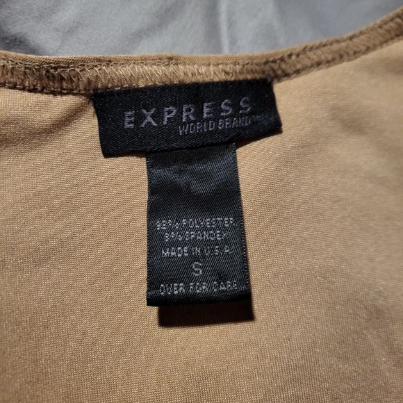 tan three-quarter sleeve stretchy top with ruched neckline - S - Picture 5 of 6